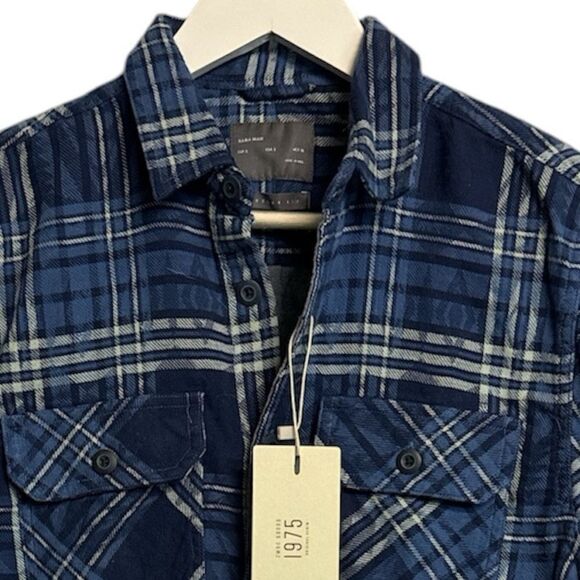 ZARA MAN 1975 Navy Blue Mens Plaid Denim Flannel Button Down Long Sleeve Shirt - Picture 1 of 11